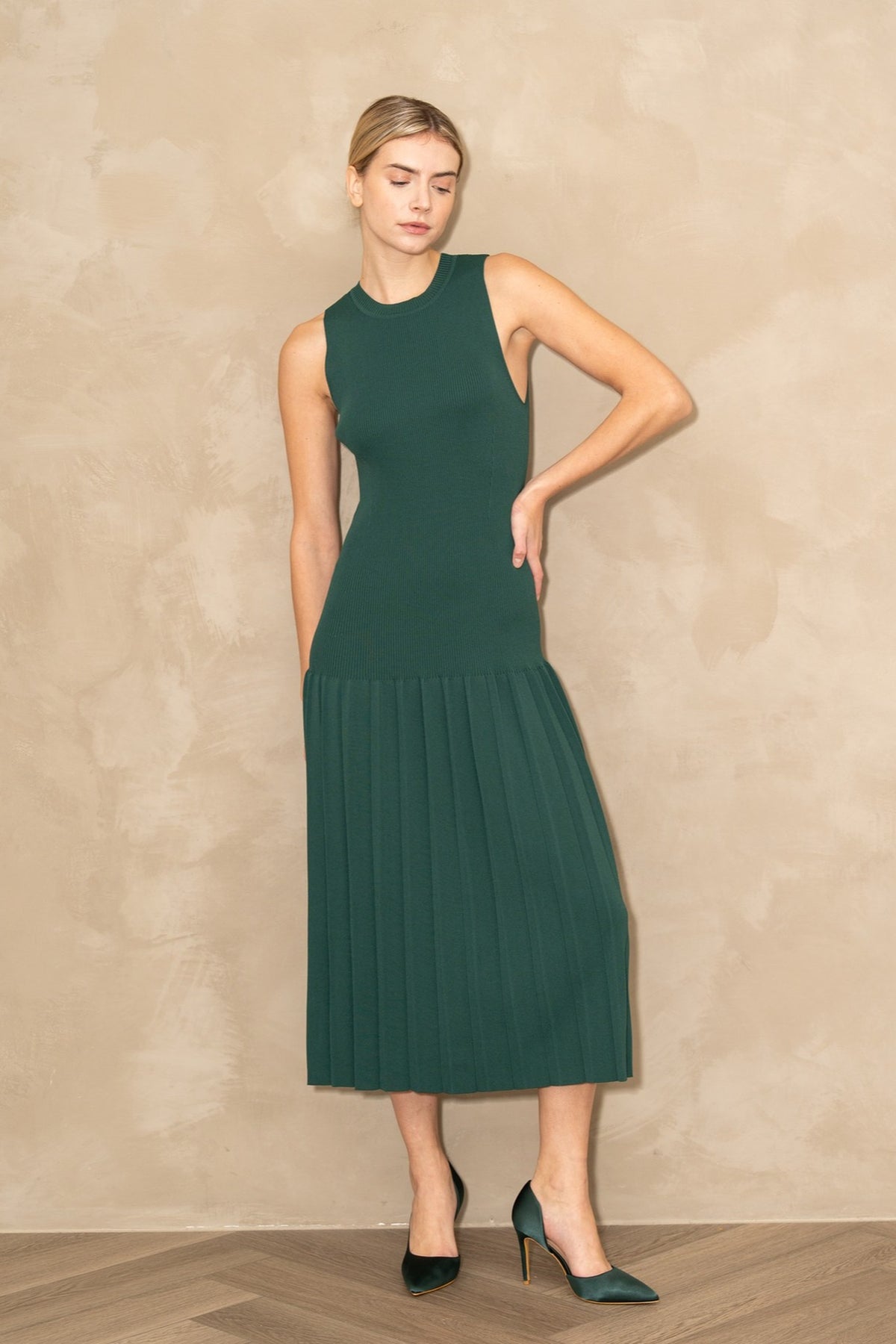 Emmy Pleat Hem Midi Knit Dress